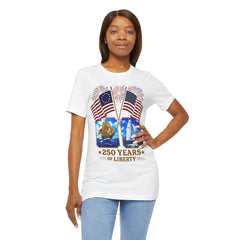 250 Years of Liberty Patriotic T-Shirt - Unique 1776 Tall Ship Brig and a 2026 Flying Scot Sailing Racer