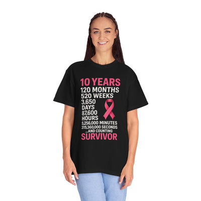 10 Years Survivor T-Shirt, Breast Cancer Awareness, Gift for Her, Support Cancer Survivors, Unisex Cotton Tee