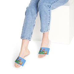 Russell Sage College Mascot Characters Graphic Women's Summer Slide Sandals -  Purple Cow, Red Devil, Golden Horseshoe, Blue Angel