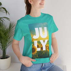 July Sunflower T‑Shirt – Summer Graphic Tee with 'JULY' Text