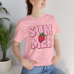 Summer Strawberry T-Shirt — Cute Pink Graphic Tee with Strawberry "SUMMER" Design