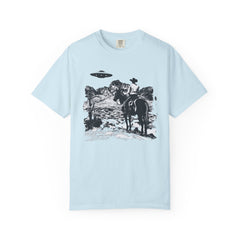 UFO Meets Cowboy Vintage Graphic T-Shirt — Retro Western Alien Tee