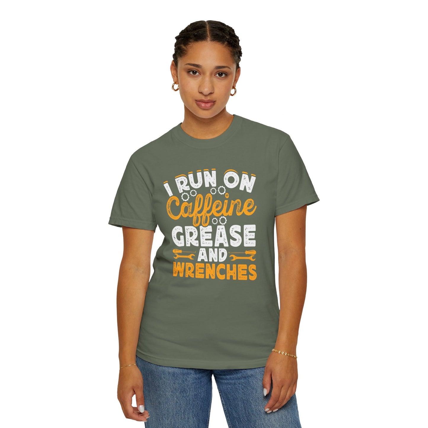 I Run On Caffeine, Grease and Wrenches, Fun Mechanic Quote, Comfort Colors Unisex Relaxed Fit T Shirt