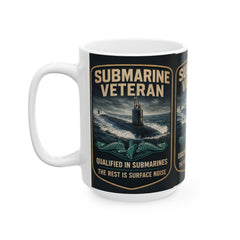 Submarine Veteran Three Panel Ceramic Mug — "Qualified in Submarines" The Rest Is Surface Noise" (15oz)