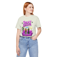 Personalized Treat Dealer T-Shirt — Funny Pet Lover Tee with Girl and Dog on Purple Couch