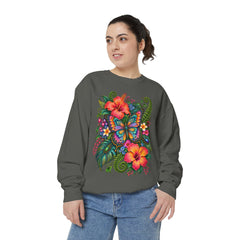 Floral Butterfly Sweatshirt — Tropical Hibiscus Garden Crewneck