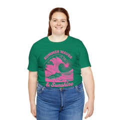 Summer Waves & Sunshine Tee — Retro Pink Surf Graphic T-Shirt