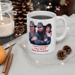 Cause every girl crazy 'bout a sharp-dressed man / ZZ Top / 80s Music / Eliminator / Red on White Mug / See Our Matching T Shirts