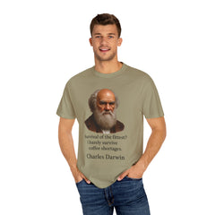 Darwin Coffee Funny T-Shirt — "Survival of the Fittest? I Barely Survive Coffee Shortages."