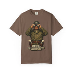 Graphic T-Shirt — Vintage WWII General George Patton Binoculars Design with "Rommel You Magnificent Bastard" Text