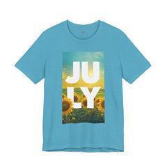 July Sunflower T‑Shirt – Summer Graphic Tee with 'JULY' Text
