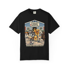Front Graphic "Who Let the Dogs Out?" Baldwin Harbor Animal Hospital Cute Vet Clinic T Shirt