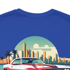 Vintage Car Graphic Tee - Sunset Cityscape Design