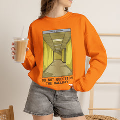 Crewneck Sweatshirt "Do Not Question the Hallway" – Retro Yellow Corridor Graphic