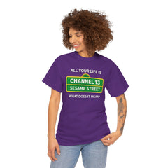 FUNNY T SHIRT  ALL YOUR LIFE IS CHANNEL 13 SESAME STREET WHAT DOES IT MEAN? MUSIC LYRICS. Unisex Heavy Cotton Tee