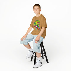 Kids Skateboarding T‑Rex Tee — Neon Dino Skateboard Shirt for Boys & Girls