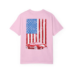 Patriotic Car Graphic Unisex T-Shirt - Vintage American Flag Design