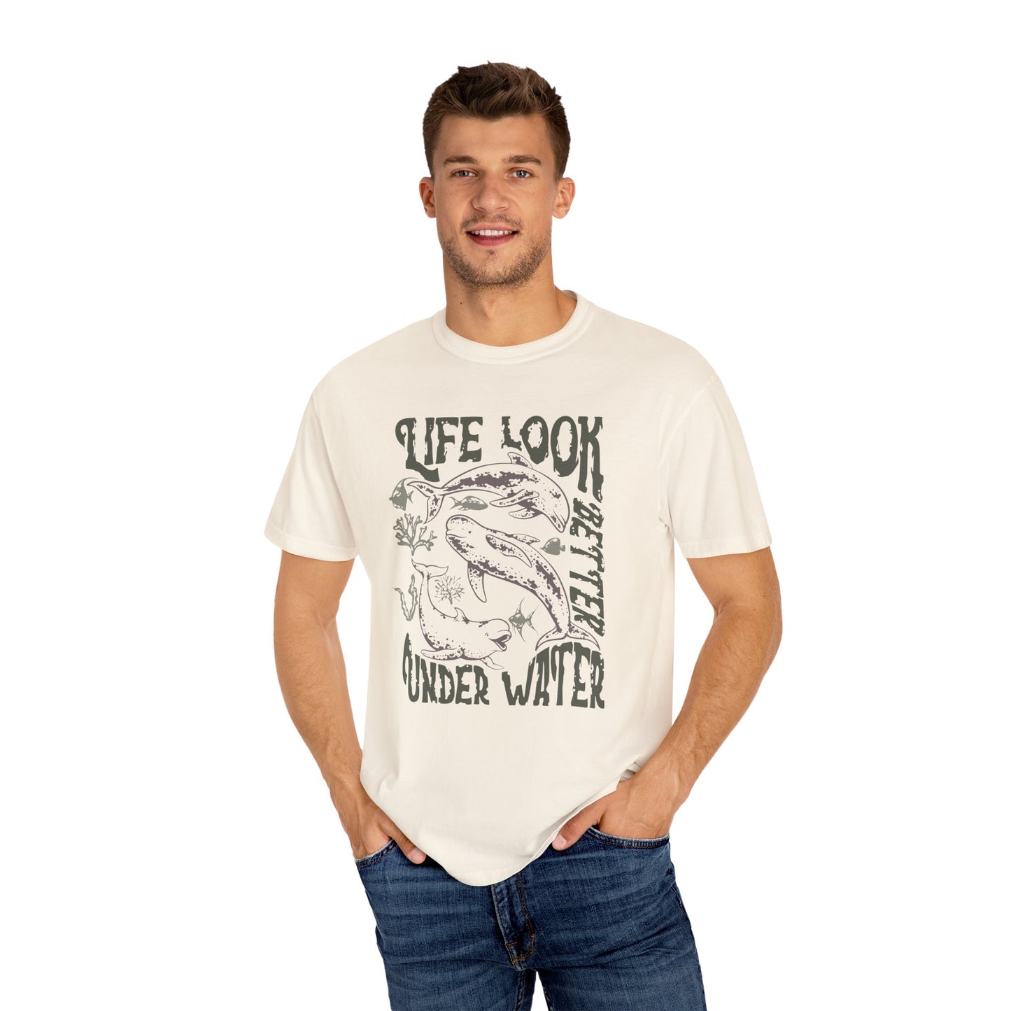 Whales, Life Look Better Under Water -  Graphic Unisex Garment-Dyed T-shirt