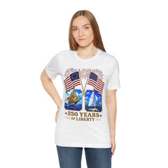 250 Years of Liberty Patriotic T-Shirt - Unique 1776 Tall Ship Brig and a 2026 Flying Scot Sailing Racer