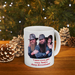 Cause every girl crazy 'bout a sharp-dressed man / ZZ Top / 80s Music / Eliminator / Red on White Mug / See Our Matching T Shirts