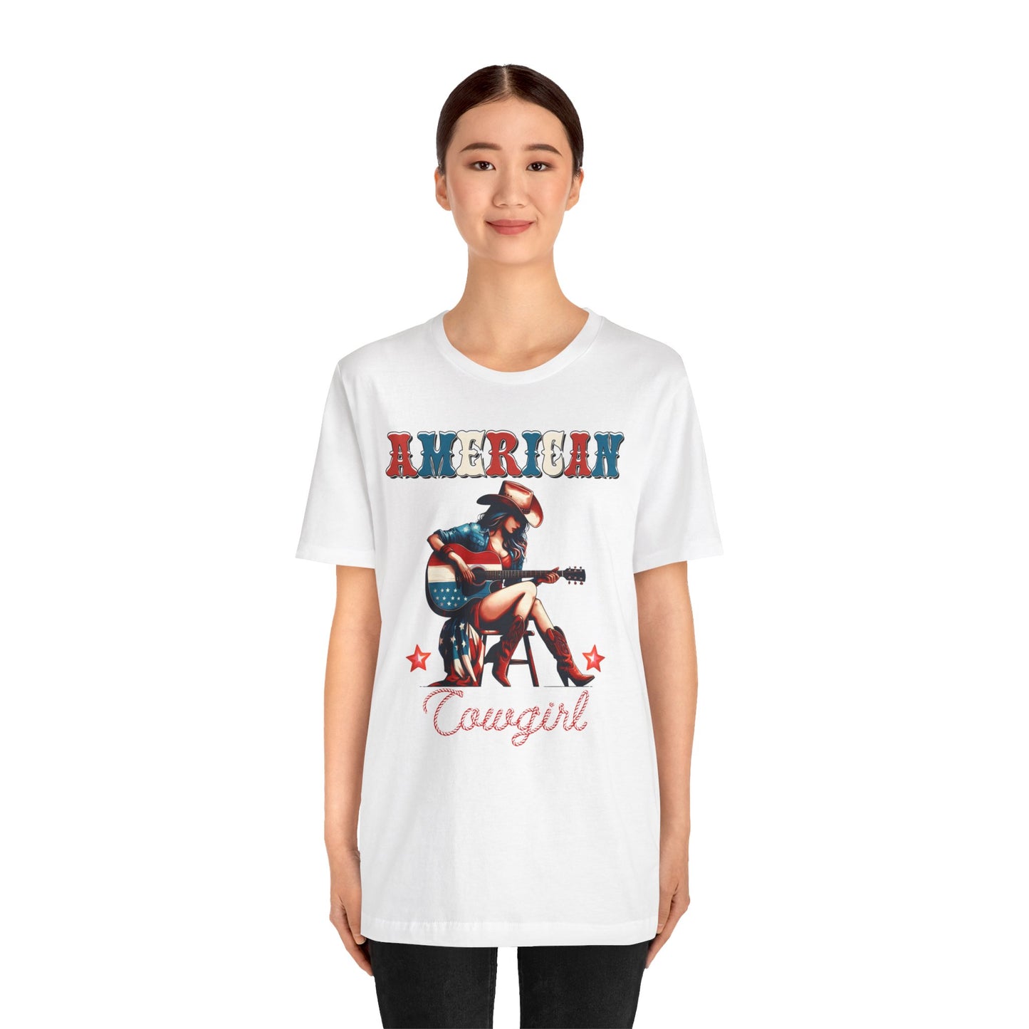 American Cowgirl, Playing Guitar Graphic, Unisex Jersey Short Sleeve Tee