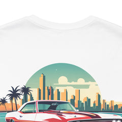 Vintage Car Graphic Tee - Sunset Cityscape Design