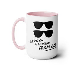 Funny Movie Quote Mug, We're On A Mission From God, Blues Brothers Movie, Cheap Sunglasses, Novelty Gift, 80s Movie Mug, Two Tone Mug 15 oz.