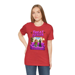 Personalized Treat Dealer T-Shirt — Funny Pet Lover Tee with Girl and Dog on Purple Couch