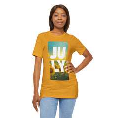 July Sunflower T‑Shirt – Summer Graphic Tee with 'JULY' Text