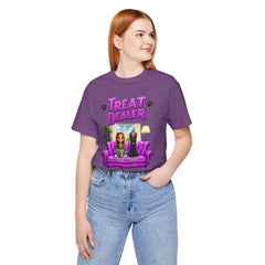 Personalized Treat Dealer T-Shirt — Funny Pet Lover Tee with Girl and Dog on Purple Couch