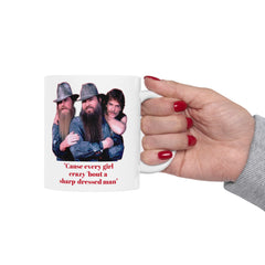 Cause every girl crazy 'bout a sharp-dressed man / ZZ Top / 80s Music / Eliminator / Red on White Mug / See Our Matching T Shirts
