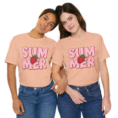 Summer Strawberry T-Shirt — Cute Pink Graphic Tee with Strawberry "SUMMER" Design