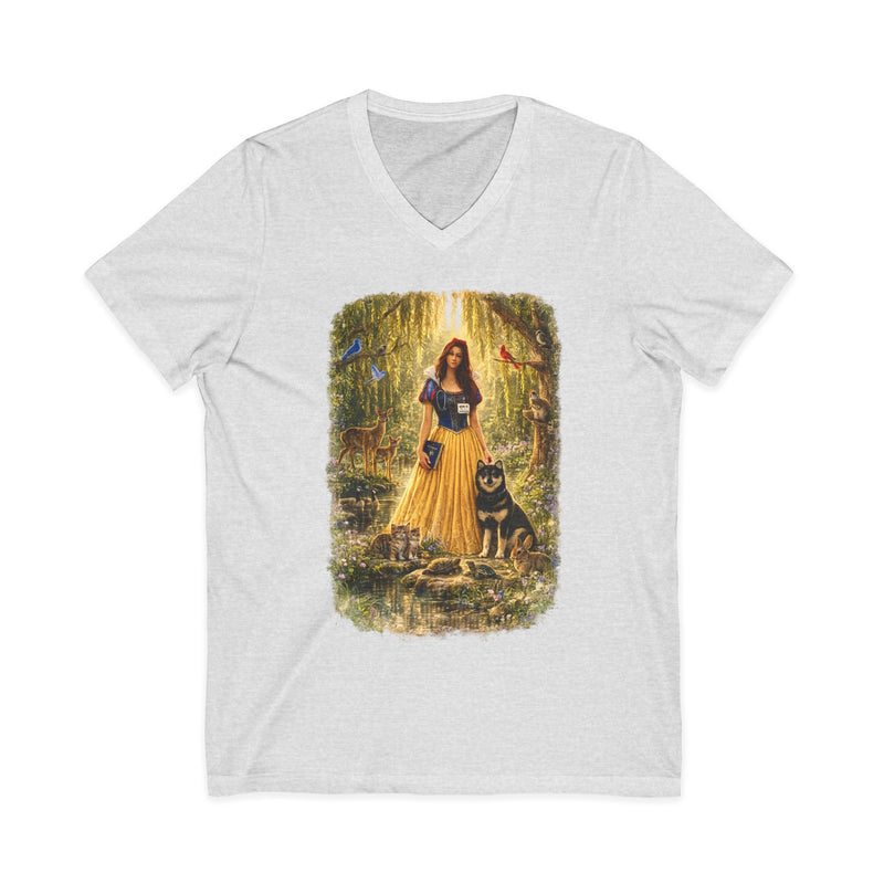 Forest Maiden V-Neck Tee — Woman with Dog & Nature Illustration