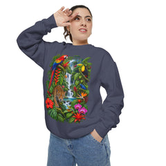Tropical Jungle Waterfall With Leopard and Parrot Sweatshirt