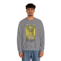 Crewneck Sweatshirt "Do Not Question the Hallway" – Retro Yellow Corridor Graphic