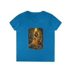 Fairy Tale Snow White & Dog V-Neck T-Shirt — Whimsical Princess Forest Graphic