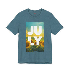July Sunflower T‑Shirt – Summer Graphic Tee with 'JULY' Text