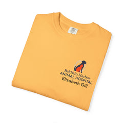 Elizabeth Gill Front Logo Back Graphic Baldwin Harbor Animal Hospital "Who Let the Cats Out?" T Shirt