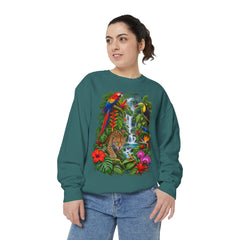 Tropical Jungle Waterfall With Leopard and Parrot Sweatshirt