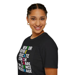 Mentor, Inspire, Educate, Coach, Share, Influence Encourage means Teacher Unisex Softstyle T-Shirt