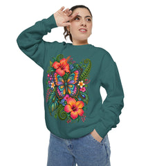 Floral Butterfly Sweatshirt — Tropical Hibiscus Garden Crewneck