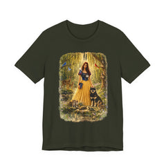 Fairy Tale Forest Tee — Woman with Dog Vintage Fantasy Graphic Shirt