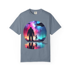 Bigfoot & Alien Nightscape T-Shirt — Sasquatch UFO Graphic Tee
