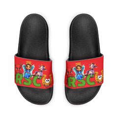 Russell Sage College Mascot Characters Graphic Women's Summer Slide Sandals -  Purple Cow, Red Devil, Golden Horseshoe, Blue Angel
