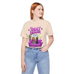 Personalized Treat Dealer T-Shirt — Funny Pet Lover Tee with Girl and Dog on Purple Couch