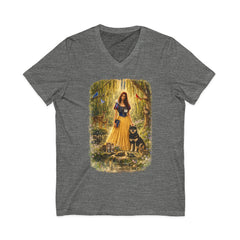 Forest Maiden V-Neck Tee — Woman with Dog & Nature Illustration