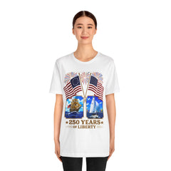 250 Years of Liberty Patriotic T-Shirt - Unique 1776 Tall Ship Brig and a 2026 Flying Scot Sailing Racer