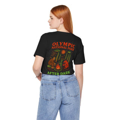 Funny Eerie Adventure Unisex Tee - Olympic National Park Camping Shirt, Bigfoot, Aliens and Bears by the Campfire