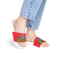 Russell Sage College Mascot Characters Graphic Women's Summer Slide Sandals -  Purple Cow, Red Devil, Golden Horseshoe, Blue Angel