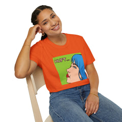 Pop Art Gal T-Shirt featuring Blue Hair and Red Lips Unisex Soft Style Shirt